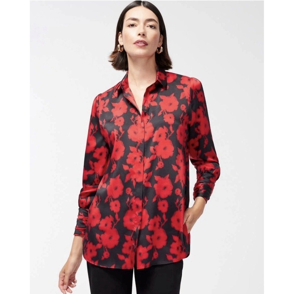 Chico's Size-3.5 Womens Shirt Blouse Button Down Floral Mirage Red Black